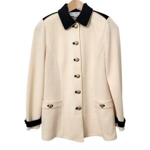 Vtg St John Collection Santana Knit‎ Longline Blazer 4 Ivory Removable Collar